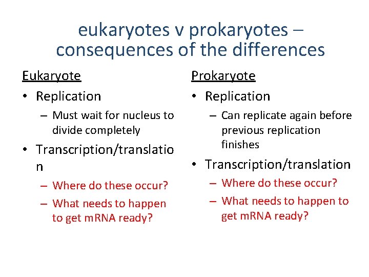 eukaryotes v prokaryotes – consequences of the differences Eukaryote • Replication – Must wait