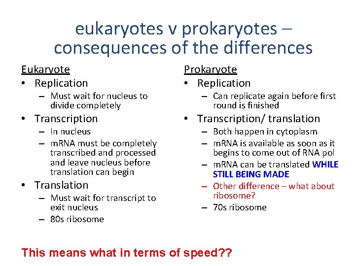 eukaryotes v prokaryotes – consequences of the differences Eukaryote • Replication Prokaryote • Replication