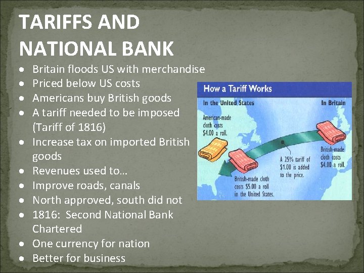 TARIFFS AND NATIONAL BANK Britain floods US with merchandise Priced below US costs Americans