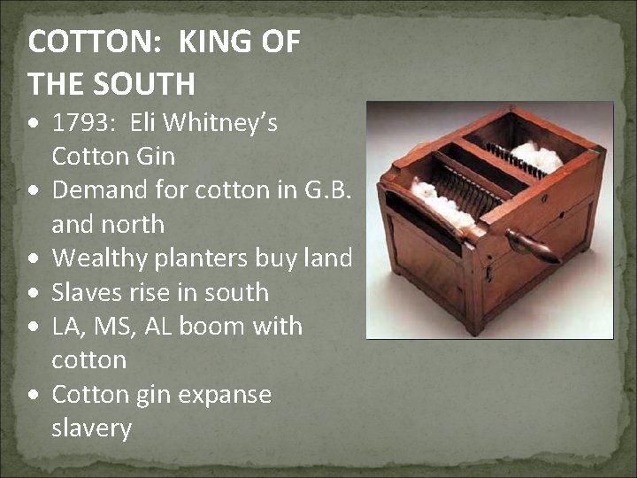 COTTON: KING OF THE SOUTH 1793: Eli Whitney’s Cotton Gin Demand for cotton in