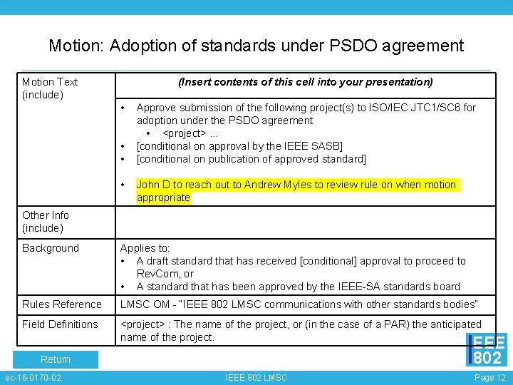 Motion: Adoption of standards under PSDO agreement Motion Text (include) (Insert contents of this