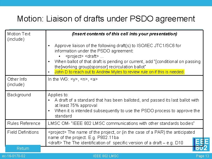 Motion: Liaison of drafts under PSDO agreement Motion Text (include) (Insert contents of this