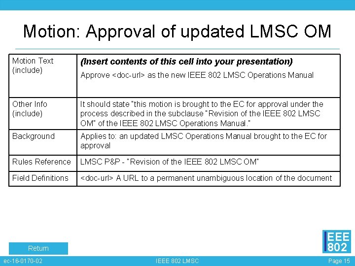 Motion: Approval of updated LMSC OM Motion Text (include) (Insert contents of this cell