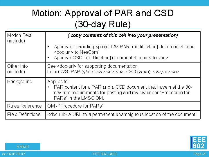 Motion: Approval of PAR and CSD (30 -day Rule) Motion Text (include) ( copy