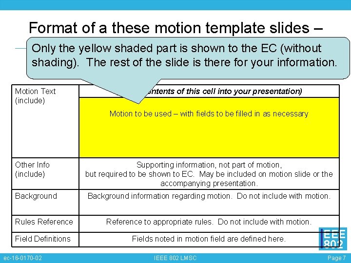 Format of a these motion template slides – Only the yellow shaded part is