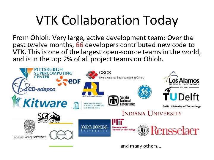 VTK Collaboration Today From Ohloh: Very large, active development team: Over the past twelve