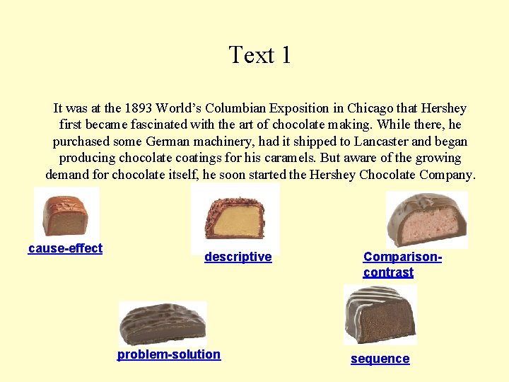 Text 1 It was at the 1893 World’s Columbian Exposition in Chicago that Hershey