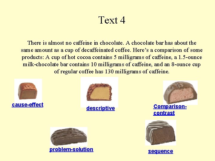 Text 4 There is almost no caffeine in chocolate. A chocolate bar has about