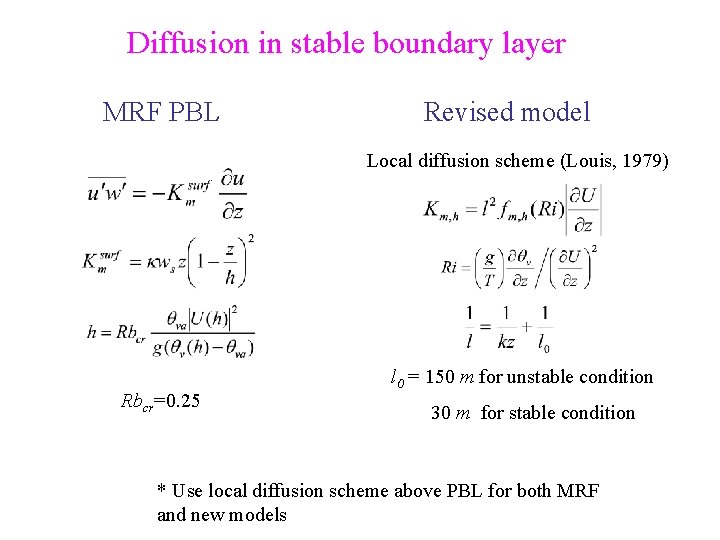 Diffusion in stable boundary layer MRF PBL Revised model Local diffusion scheme (Louis, 1979)