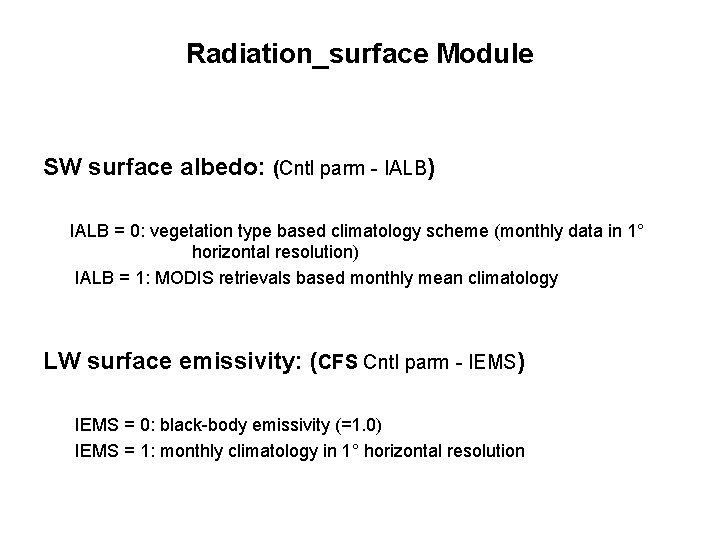 Radiation_surface Module SW surface albedo: (Cntl parm - IALB) IALB = 0: vegetation type