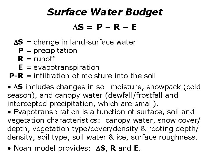 Surface Water Budget S = P – R – E S P R E
