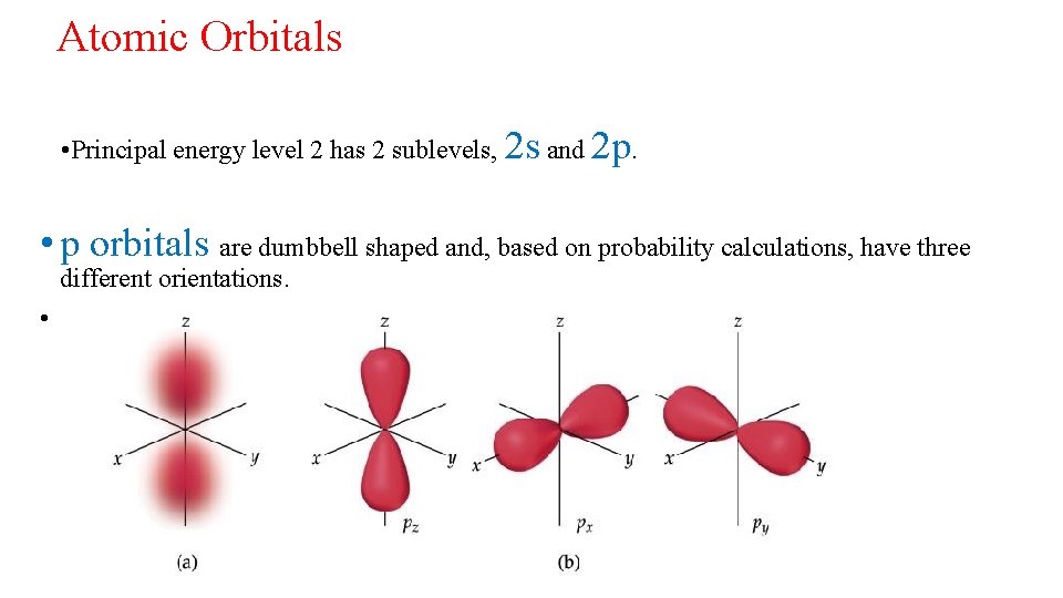 Atomic Orbitals • Principal energy level 2 has 2 sublevels, 2 s and 2