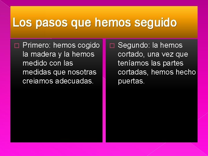 Los pasos que hemos seguido � Primero: hemos cogido la madera y la hemos