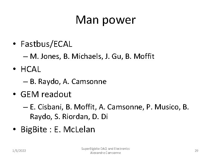 Man power • Fastbus/ECAL – M. Jones, B. Michaels, J. Gu, B. Moffit •