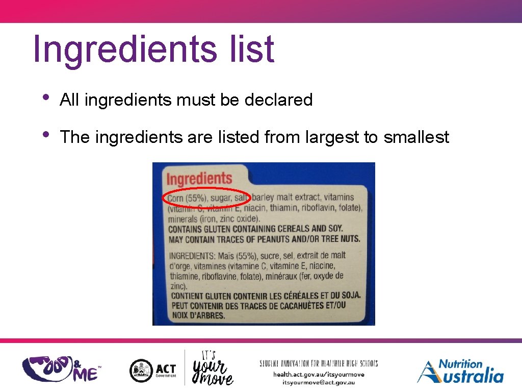 Ingredients list • All ingredients must be declared • The ingredients are listed from