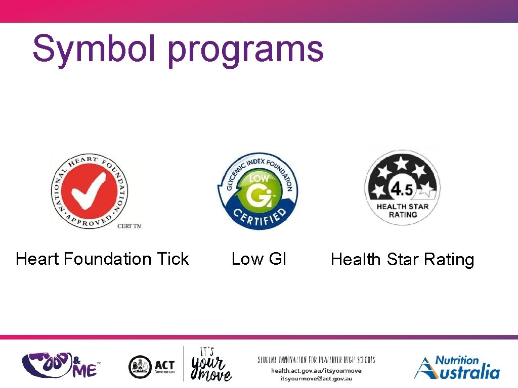 Symbol programs Heart Foundation Tick Low GI Health Star Rating 