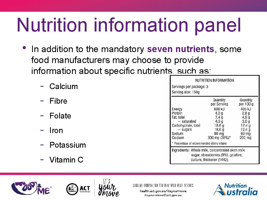 Nutrition information panel • In addition to the mandatory seven nutrients, some food manufacturers