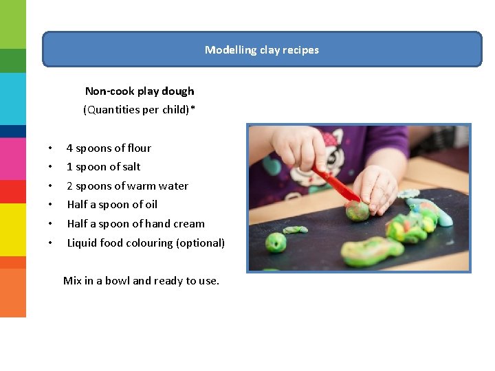 Modelling clay recipes Non-cook play dough (Quantities per child)* • • • 4 spoons