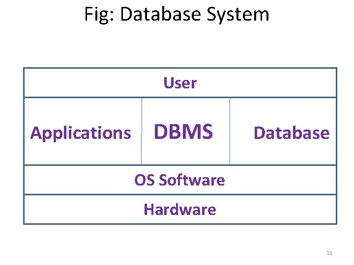 Fig: Database System User Applications DBMS Database OS Software Hardware 11 Fig: Database System User Applications DBMS Database OS Software Hardware 11