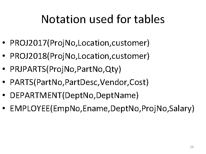 Notation used for tables • • • PROJ 2017(Proj. No, Location, customer) PROJ 2018(Proj. Notation used for tables • • • PROJ 2017(Proj. No, Location, customer) PROJ 2018(Proj.