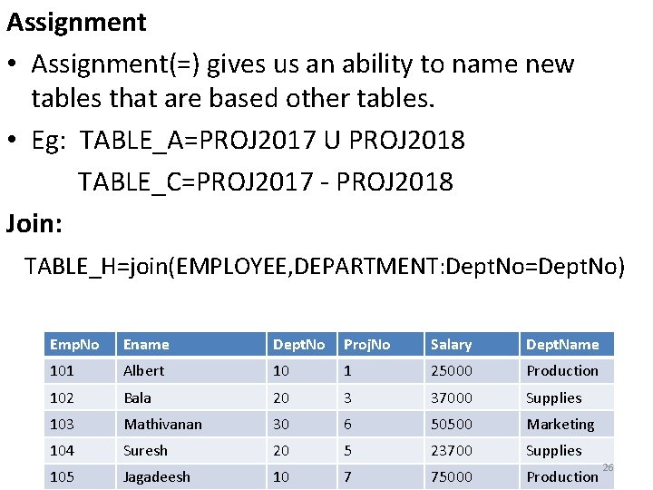 Assignment • Assignment(=) gives us an ability to name new tables that are based Assignment • Assignment(=) gives us an ability to name new tables that are based