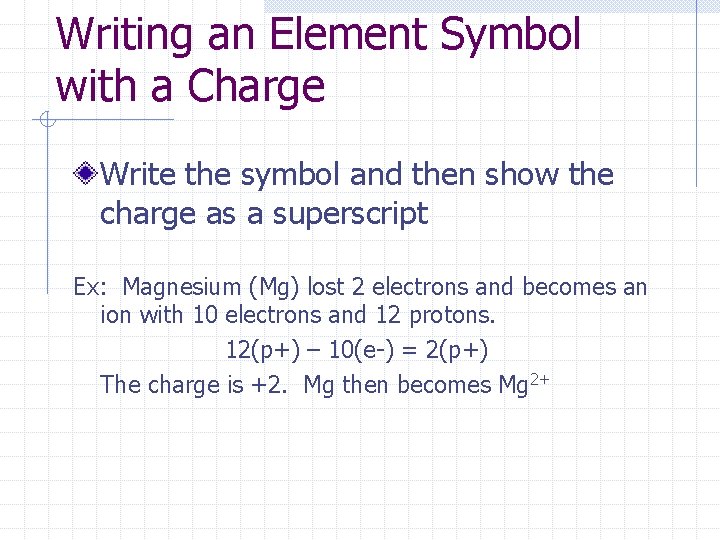 Writing an Element Symbol with a Charge Write the symbol and then show the Writing an Element Symbol with a Charge Write the symbol and then show the
