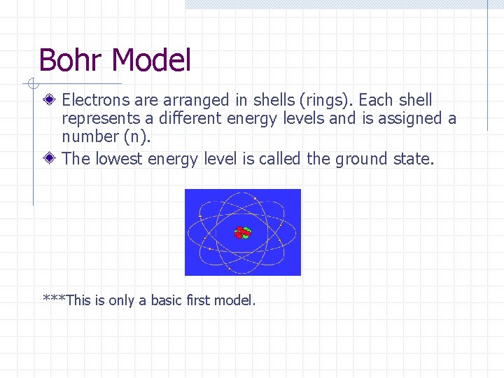 Bohr Model Electrons are arranged in shells (rings). Each shell represents a different energy Bohr Model Electrons are arranged in shells (rings). Each shell represents a different energy