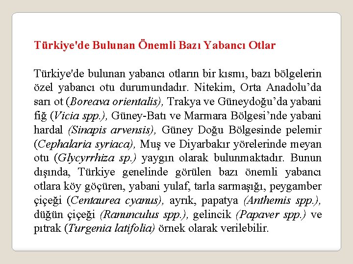 Türkiye'de Bulunan Önemli Bazı Yabancı Otlar Türkiye'de bulunan yabancı otların bir kısmı, bazı bölgelerin