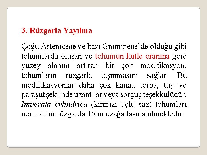 3. Rüzgarla Yayılma Çoğu Asteraceae ve bazı Gramineae’de olduğu gibi tohumlarda oluşan ve tohumun