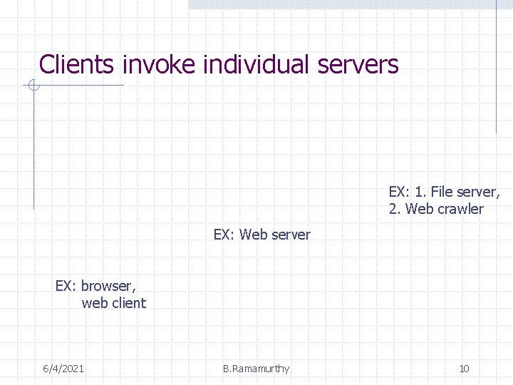 Clients invoke individual servers EX: 1. File server, 2. Web crawler EX: Web server