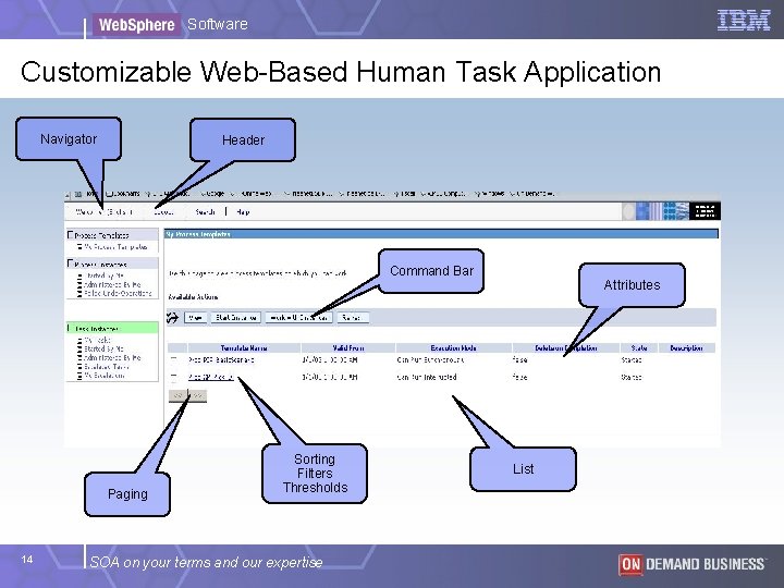Software Customizable Web-Based Human Task Application Navigator Header Command Bar Paging 14 Sorting Filters Software Customizable Web-Based Human Task Application Navigator Header Command Bar Paging 14 Sorting Filters