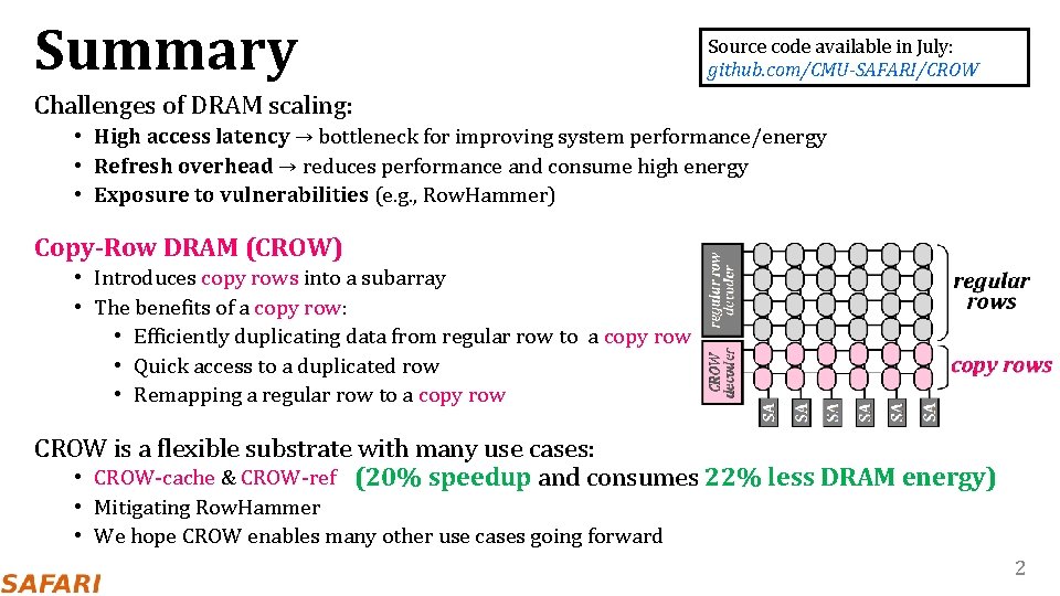 Summary Source code available in July: github. com/CMU-SAFARI/CROW Challenges of DRAM scaling: • High
