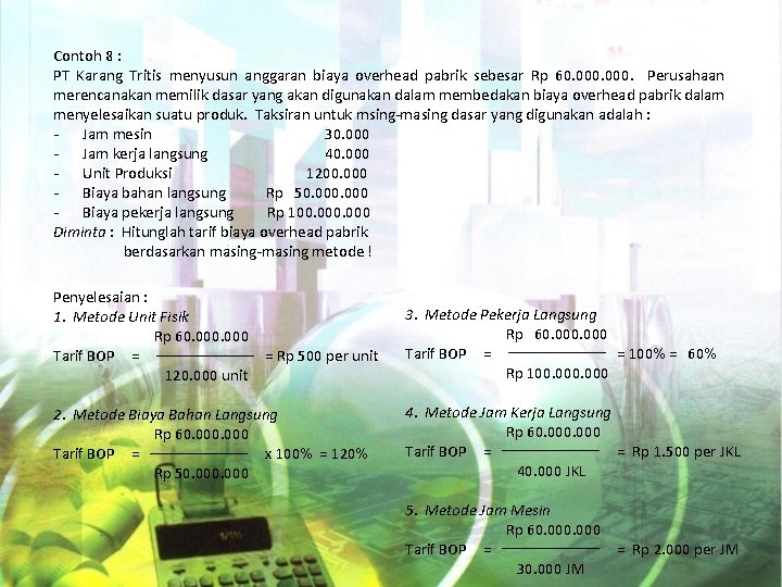 Contoh 8 : PT Karang Tritis menyusun anggaran biaya overhead pabrik sebesar Rp 60.