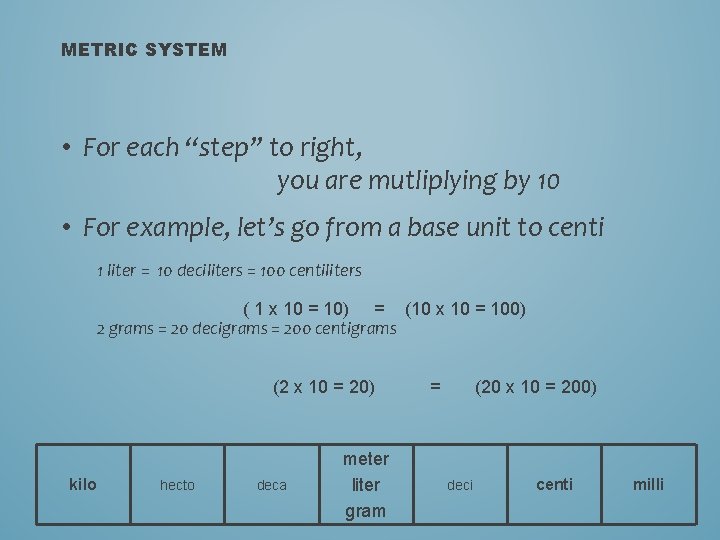 METRIC SYSTEM • For each “step” to right, you are mutliplying by 10 •