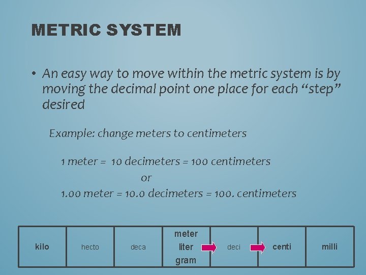 METRIC SYSTEM • An easy way to move within the metric system is by