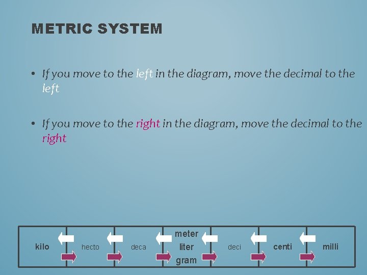 METRIC SYSTEM • If you move to the left in the diagram, move the