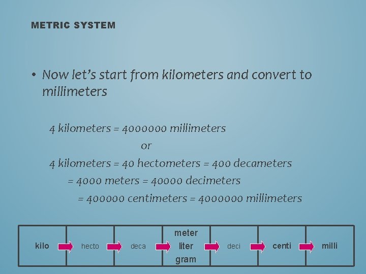 METRIC SYSTEM • Now let’s start from kilometers and convert to millimeters 4 kilometers METRIC SYSTEM • Now let’s start from kilometers and convert to millimeters 4 kilometers