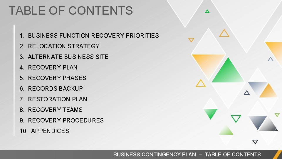 TABLE OF CONTENTS 1. BUSINESS FUNCTION RECOVERY PRIORITIES 2. RELOCATION STRATEGY 3. ALTERNATE BUSINESS