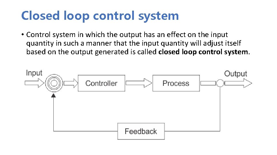 Closed loop control system • Control system in which the output has an effect Closed loop control system • Control system in which the output has an effect