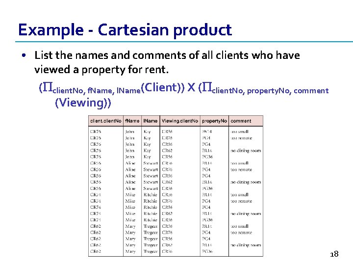 Example - Cartesian product • List the names and comments of all clients who