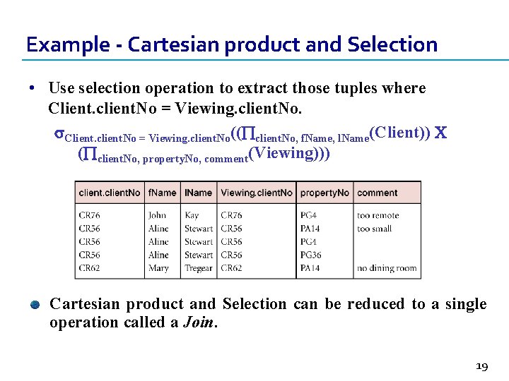 Example - Cartesian product and Selection • Use selection operation to extract those tuples