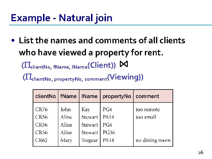 Example - Natural join • List the names and comments of all clients who