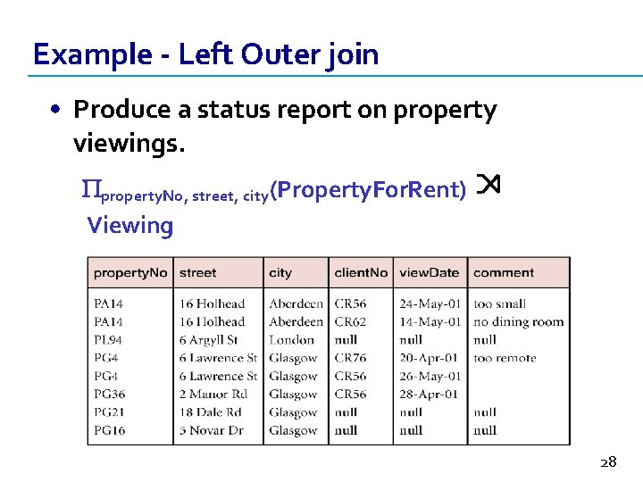 Example - Left Outer join • Produce a status report on property viewings. property.