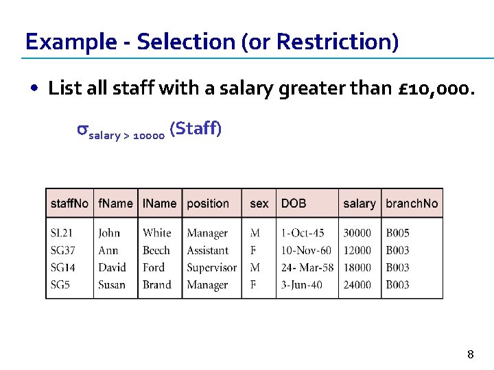 Example - Selection (or Restriction) • List all staff with a salary greater than