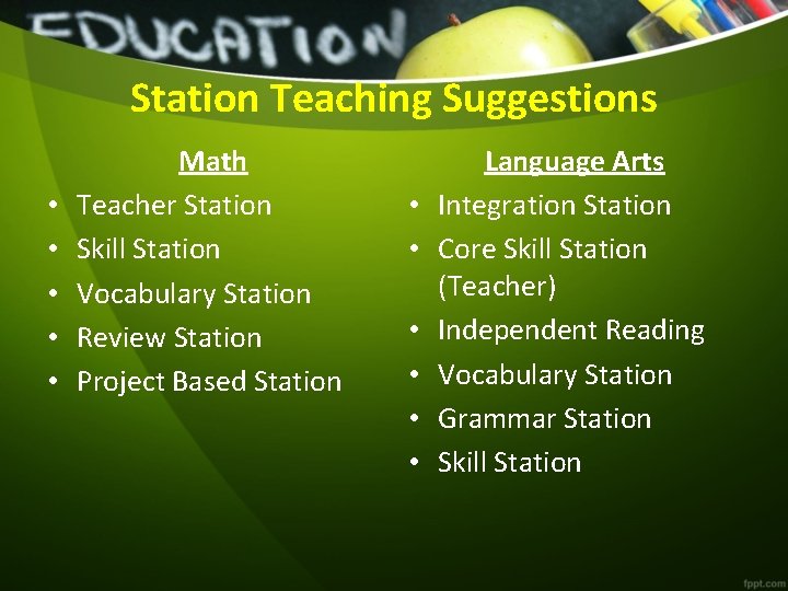 Station Teaching Suggestions • • • Math Teacher Station Skill Station Vocabulary Station Review
