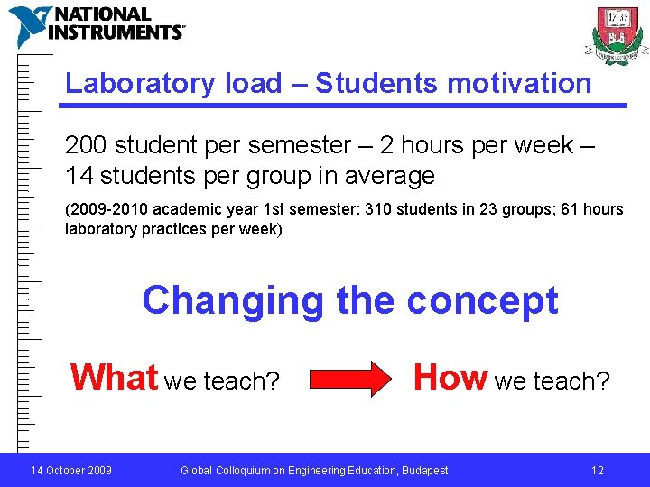 Laboratory load – Students motivation 200 student per semester – 2 hours per week