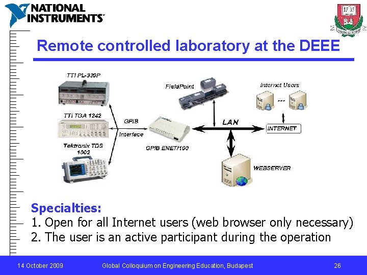 Remote controlled laboratory at the DEEE Specialties: 1. Open for all Internet users (web