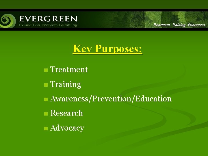 Key Purposes: n Treatment n Training n Awareness/Prevention/Education n Research n Advocacy 