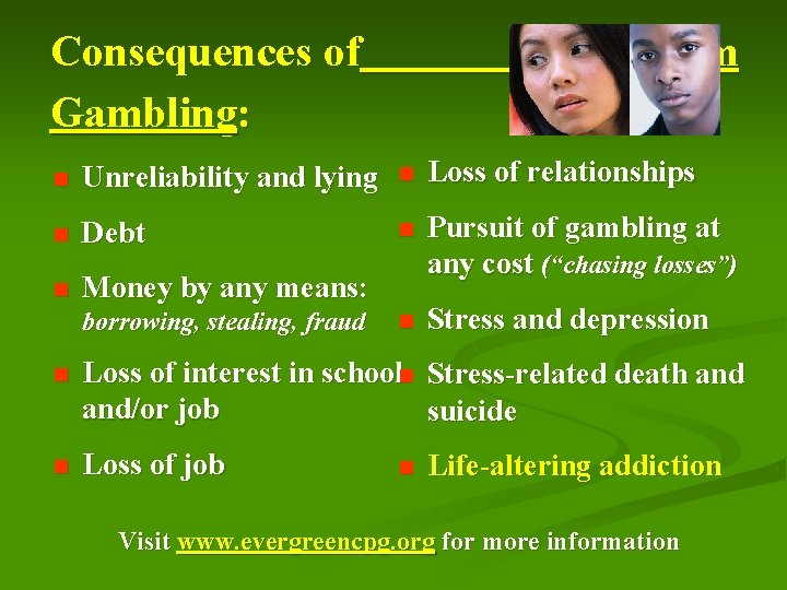 Consequences of Gambling: Problem n Unreliability and lying n Loss of relationships n Debt