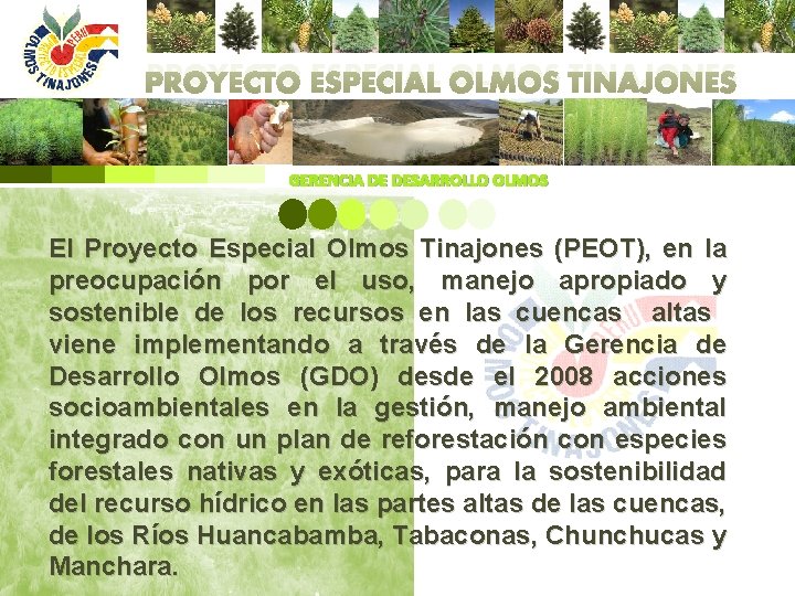 PROYECTO ESPECIAL OLMOS TINAJONES GERENCIA DE DESARROLLO OLMOS El Proyecto Especial Olmos Tinajones (PEOT),